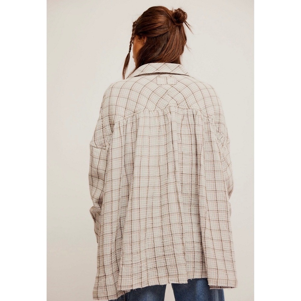 Free People Cardiff Plaid Buttondown Shirt Misty Lilac Combo Beige Size Med - Picture 2 of 6